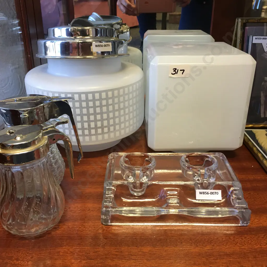 Pair of Art Deco White Glass Light Shades, English Glass Inkwell,1950s GRACE Cut Glass Syrup Container Etc Image 1++